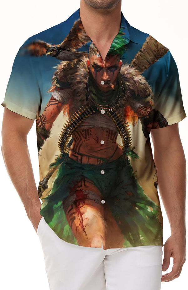 American Indian Warrior Hawaiian Tropical Summer Shirt Men's Short Sleeve Casual Sports Top