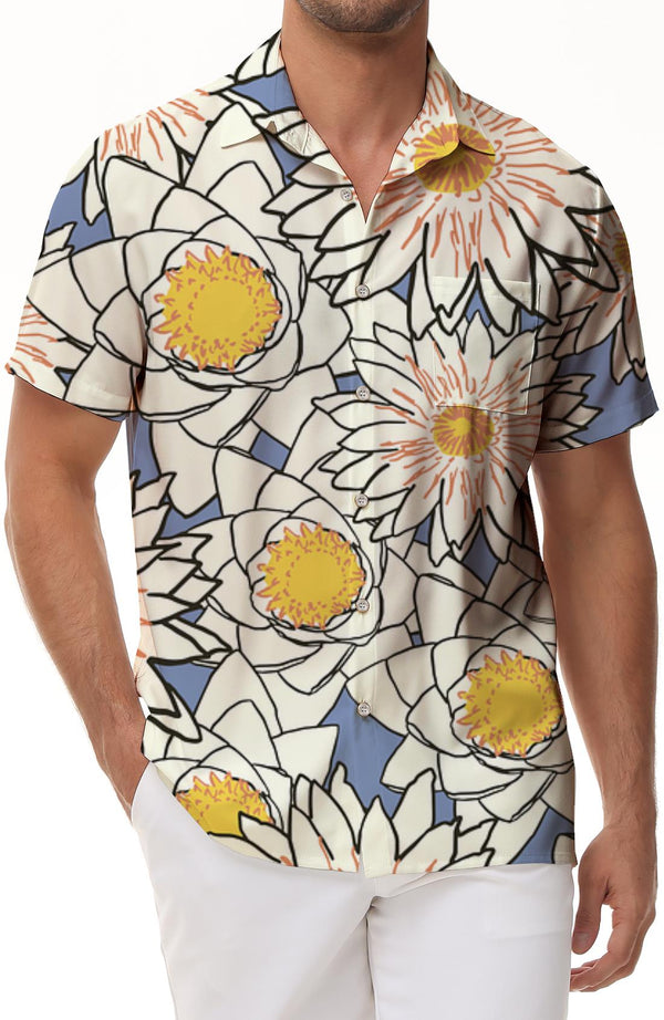 White Daisy Fashion Summer Fun Summer Party Button-Down Lapel Short Sleeve Mens Hawaiian Style Tops