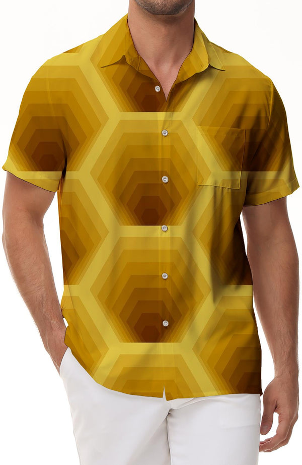Men's Summer Short Sleeve Shirt Fashion Yellow Gradient Geometric Pattern Casual Comfort Top