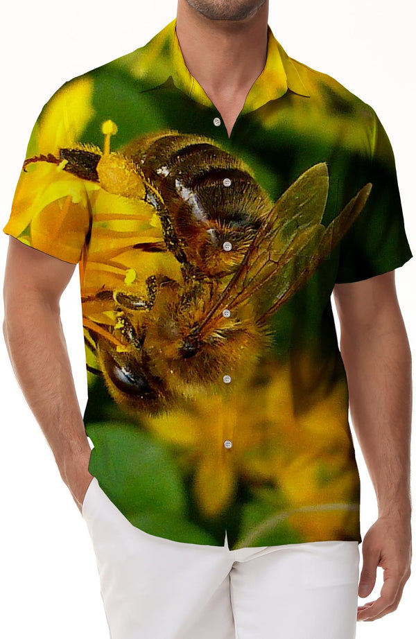 Yellow Flowers and Black Bees Tropical Beach Shirt Men's Hawaiian Shirt Hawaiian Button Breathable