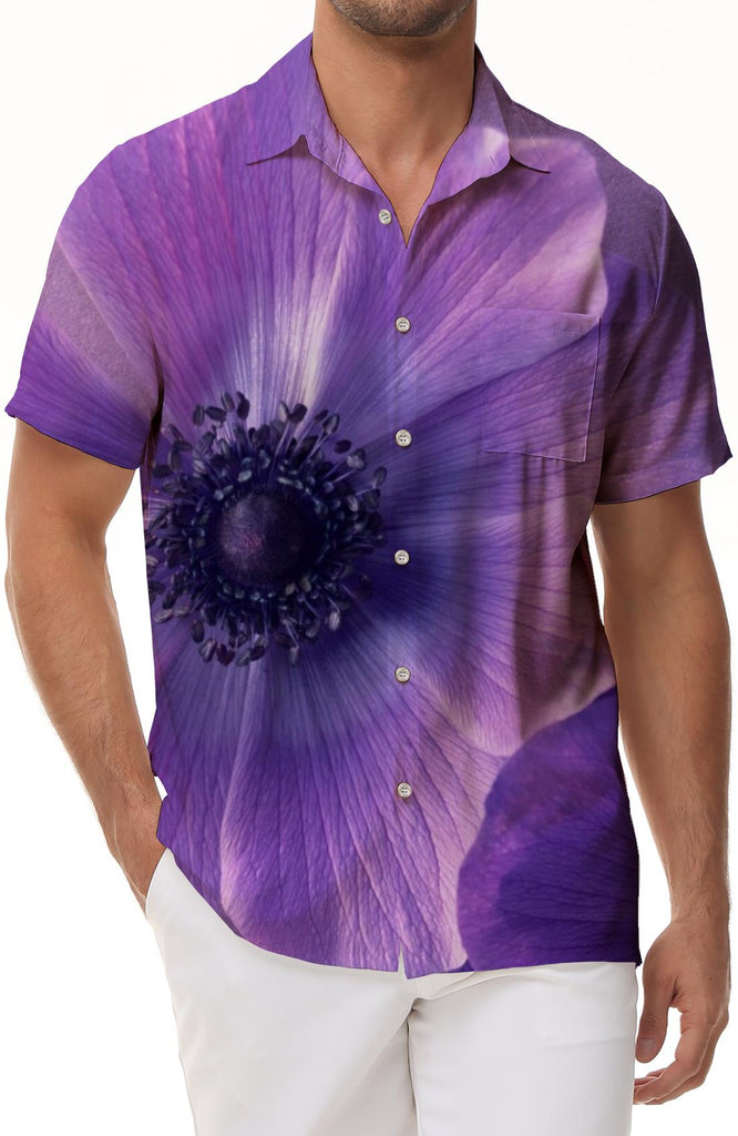 European silver anemone 3d digital printing men's casual street short-sleeved shirt Hawaiian short-sleeved seaside beach clothing