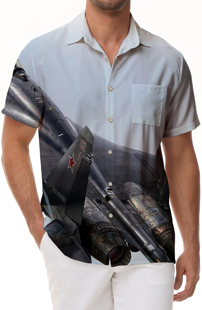 Soviet fighter jet print jet regular fit men's casual fashion short sleeve suitable for beach summer shirt button down four seasons short sleeve shirt stylish tropical