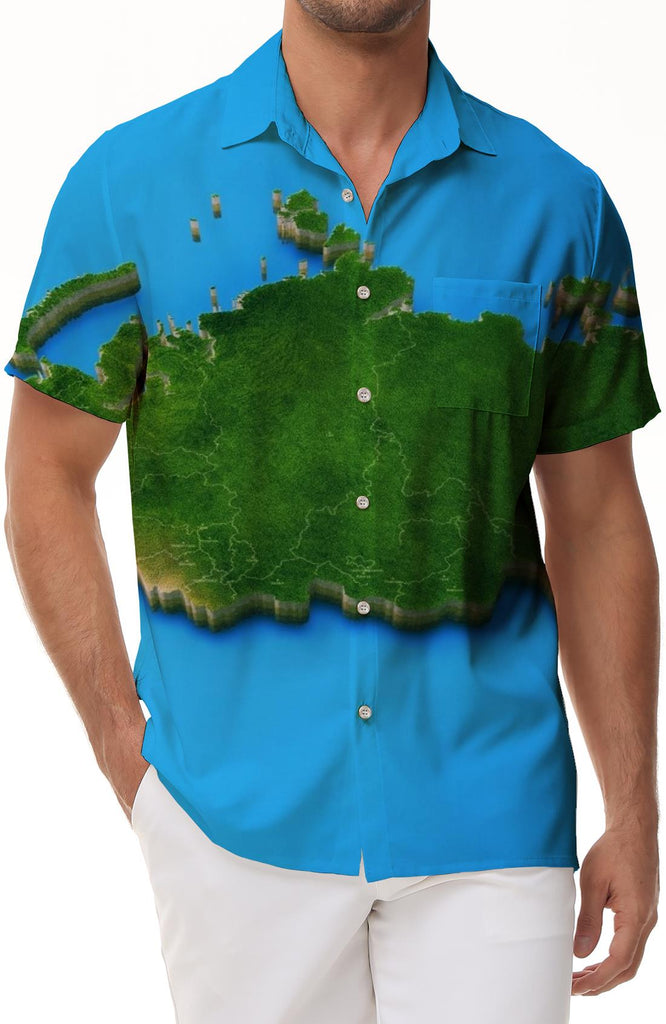 World map pattern men's casual daily street pine tropical rainforest Hawaii short sleeve button short sleeve loose shirt interesting