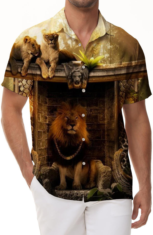 Popular casual lion shirt men's summer clothes short sleeve breathable soft fashion shirt comfortable simple button four seasons