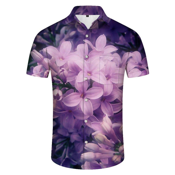 
Digital Print Hawaiian Shirt Summer Beach Casual Short Sleeve Button Down Shirt Blooming Purple Flowers
                