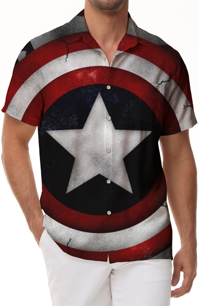 Spring and summer Independence Day celebration men's casual retro Hawaiian button pockets with American shield print pattern