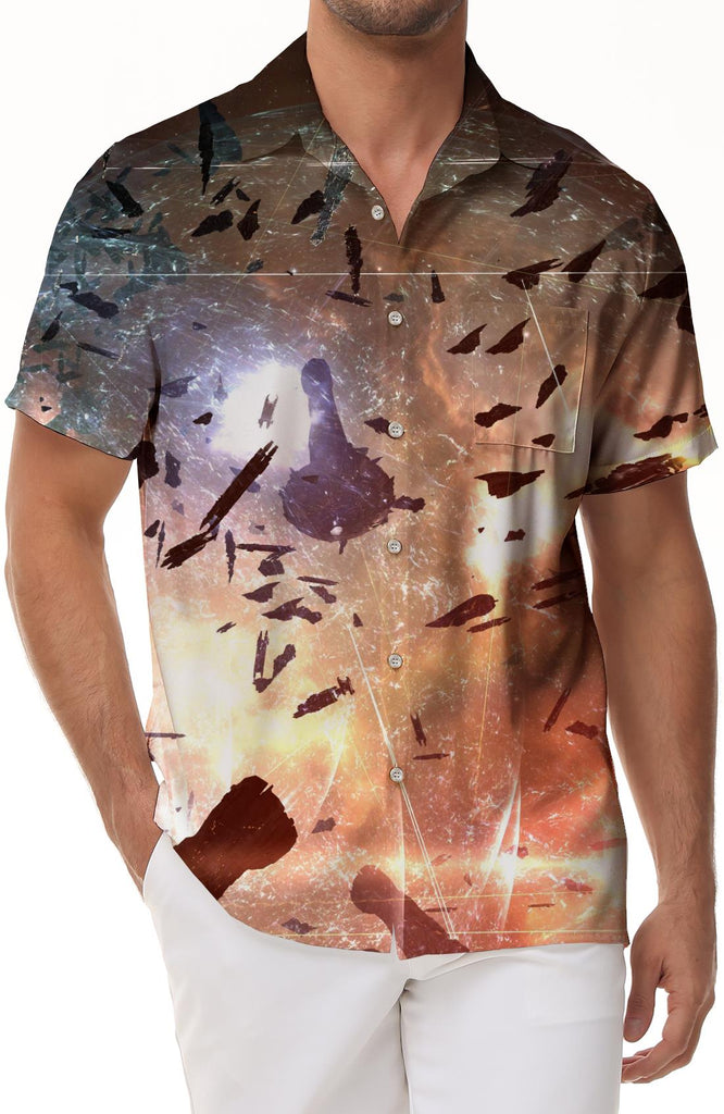 Sci-fi Space War Spaceship and Soldiers Print Hawaiian Button Pocket Short Sleeve Shirt 3D Digital Printing