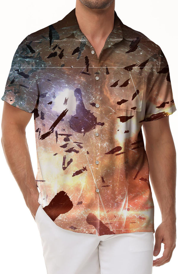 Sci-fi Space War Spaceship and Soldiers Print Hawaiian Button Pocket Short Sleeve Shirt 3D Digital Printing