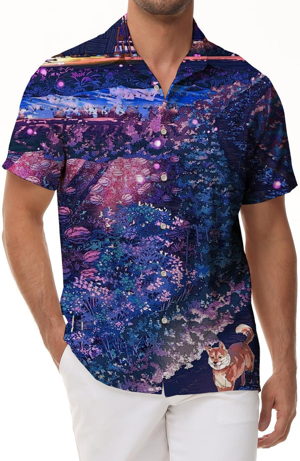 Colorful Field and Flower Print Men's Hawaiian Shirt Casual Lapel Pocket Button Shirt