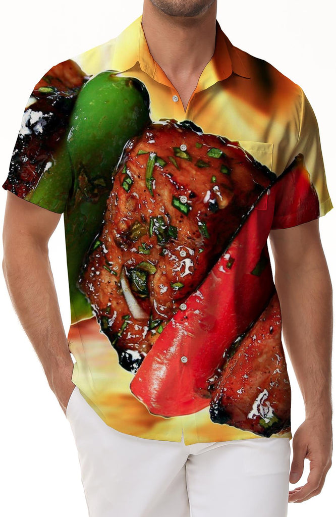 Beach Vacation Beach Party BBQ Pattern Print Men's Casual Loose Short Sleeve Shirt Hawaiian Button Pocket Short Sleeve Shirt Button Tie