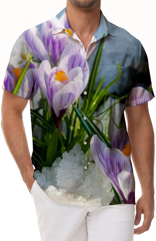 Green Leaves and Purple Flowers Printed Mens Pocket Hawaiian Shirt Tropical Summer Short Sleeve Casual Beach Clothes