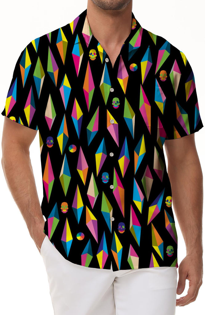 Black irregular pattern men's casual Hawaiian button-down tropical short-sleeved shirt seaside beach fashion street outdoor walking short-sleeved