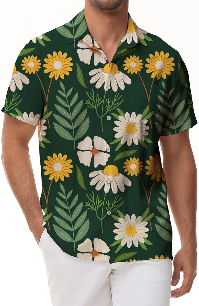 Hawaiian style fashion flower pattern button-down lapel pocket men's casual loose vacation beach party shirt