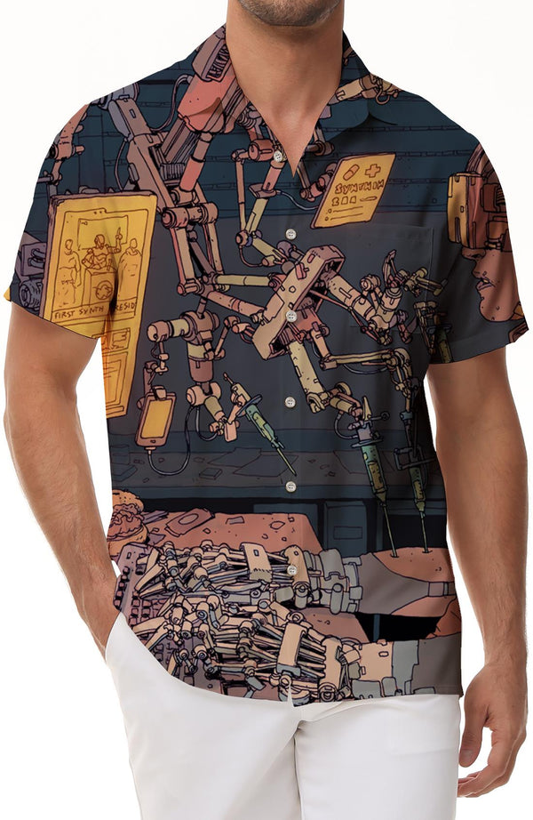 AI mixed color robot men's outdoor vacation travel pattern print short sleeve button Hawaiian tropical