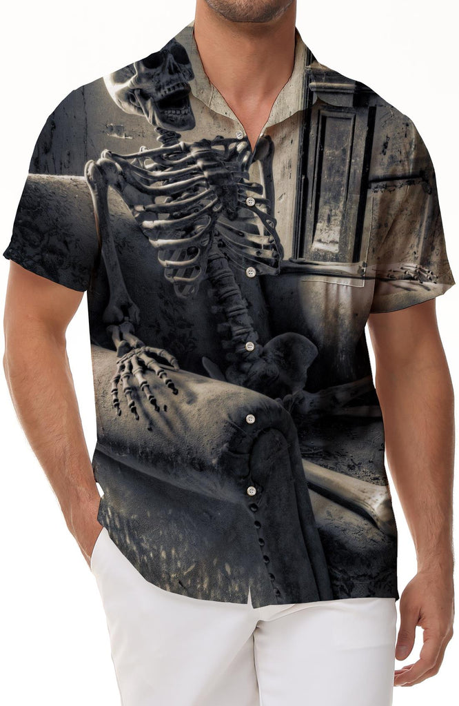 Hip Hop Skull Pattern Loose Men Street Fashion Casual Retro Skull 3D Printed Summer Lapel Top Hawaiian Button Down