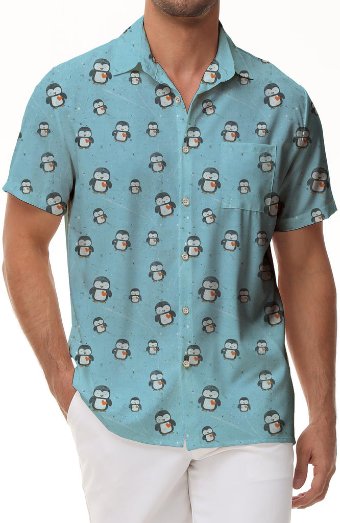 Cartoon Funny Penguin Hawaiian Shirt Men's Casual Short Sleeve Button Summer Tops