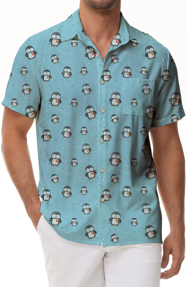 Cartoon Funny Penguin Hawaiian Shirt Men's Casual Short Sleeve Button Summer Tops