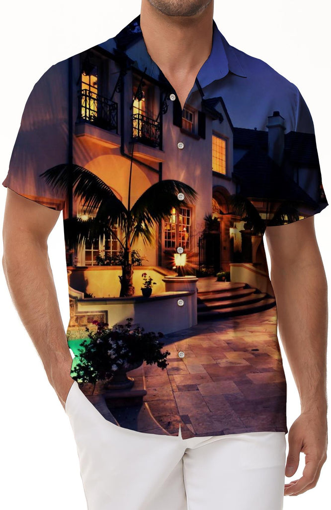 Tropical summer house print pattern tropical Hawaiian retro casual short sleeve fashion men's