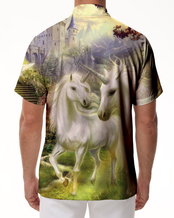 
Castle Summer Double White Unicorn Men's Casual Short Sleeve Shirt Pocket Button Shirt Travel Top
                