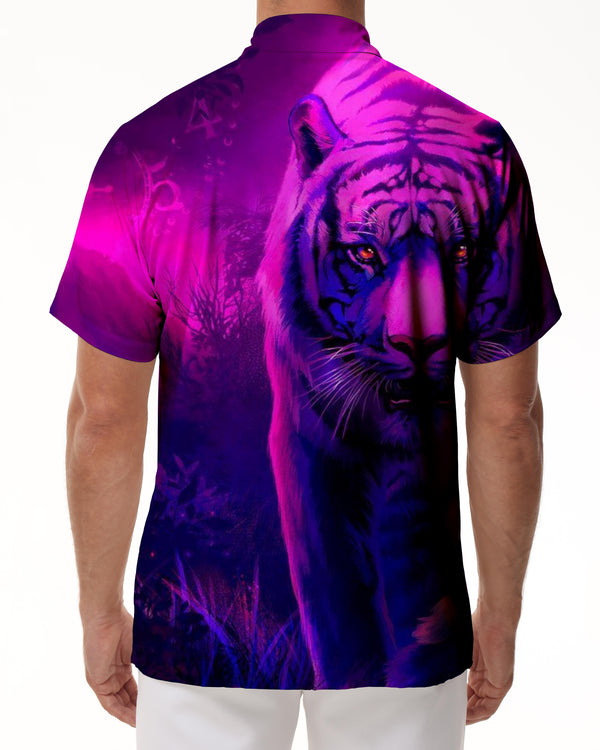 
Purple Tiger Fierce Gaze Men's Loose Short Sleeve Shirt 3D Printed Button Beach Shirt Casual Hawaiian
                