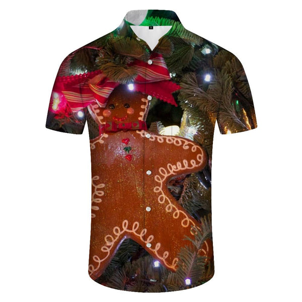 
Smiling gingerbread print casual summer men's button-down shirt short sleeve Cuban top Hawaii beach fun
                