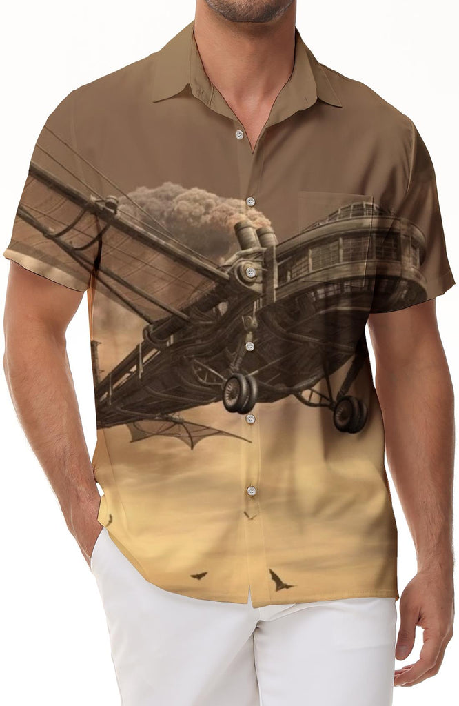 Design retro coal spaceship rock fashion men's casual Hawaiian button lapel pocket shirt short sleeve holiday beach clothing
