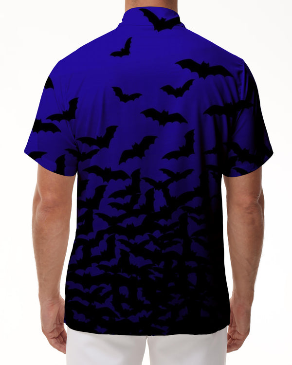 
Navy Blue Christmas Top Fashion Casual Men's Halloween Bat Print Pattern Flower Short Sleeve Shirt
                