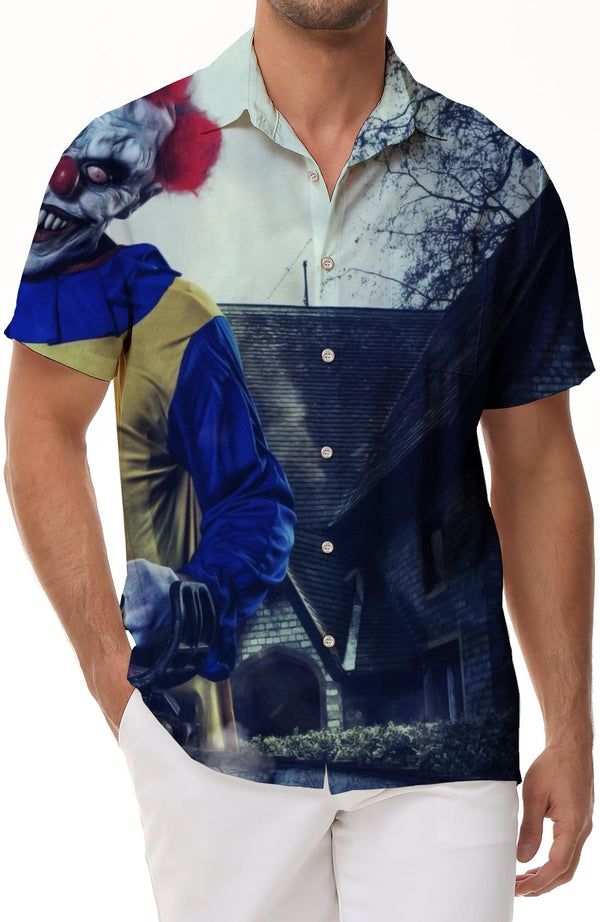Comedy Red Clown Everyday Street Men's Casual Hawaiian Shirt Lapel Button Short Sleeve Top Shirt Pocket