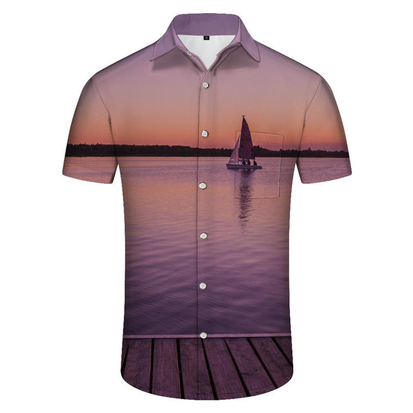 
Beautiful sunset seaside boat Hawaiian shirt button shirt summer short-sleeved top men's shirt beach clothing
                