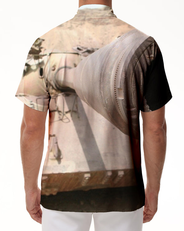 
German retro tank and battlefield ruins print Hawaiian button summer lapel four seasons top for men
                