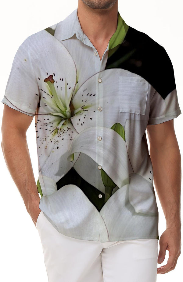 White lily blooming flowers men's shirt short sleeves printed comfortable regular fit button lapel shirt digital print casual top white