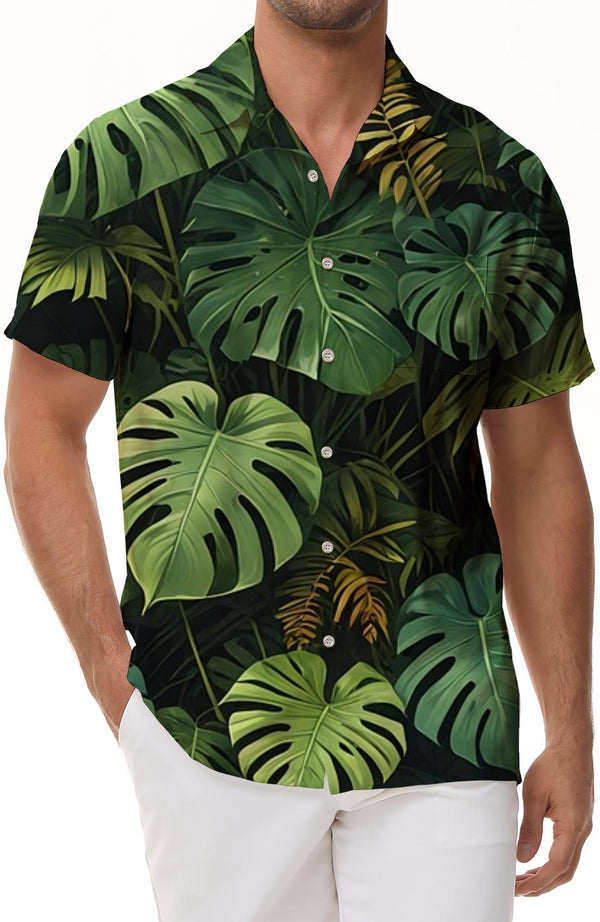 Green Plant Leaf Button Lapel Hawaiian Men's Casual Loose 3D Digital Printed Short Sleeve Shirt