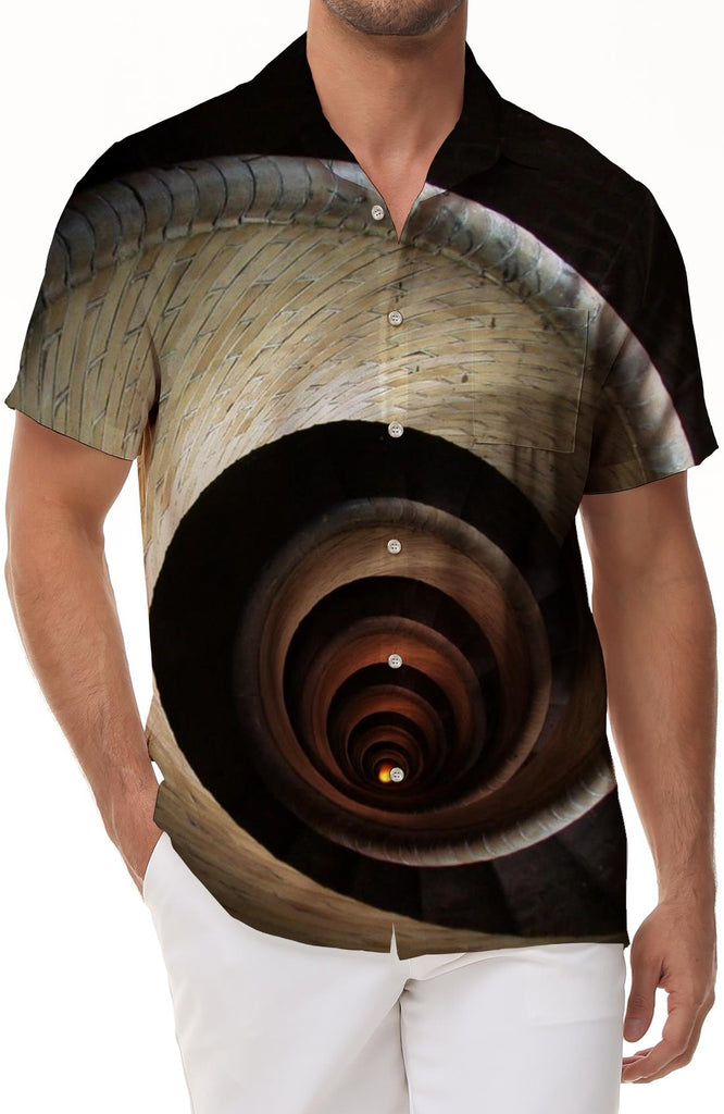 Abstract art tunnel men's casual loose daily travel vacation print top Hawaiian tropical four seasons lapel pocket short sleeve shirt button