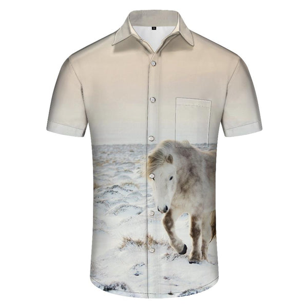 
White Horse Snow Men's Short Sleeve Button-down Shirt Hawaiian Button Four Seasons Lapel Top Loose
                