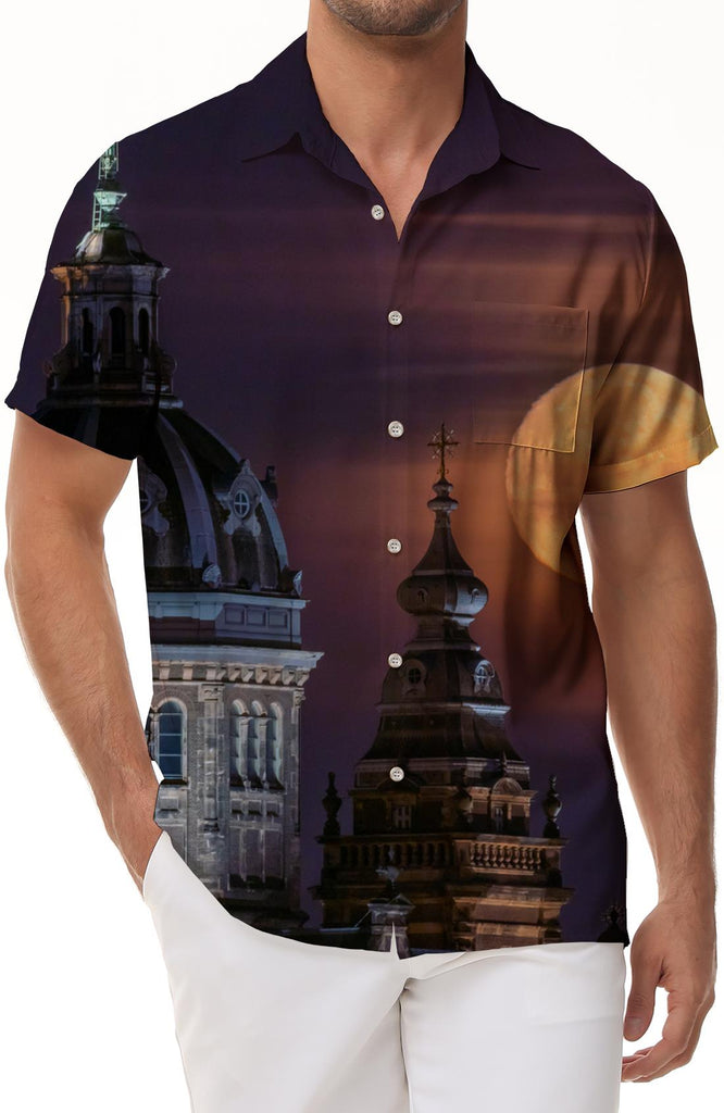 Italy St. Nicholas Church beautiful scenery men's leisure vacation daily travel Hawaiian button lapel short-sleeved shirt pocket