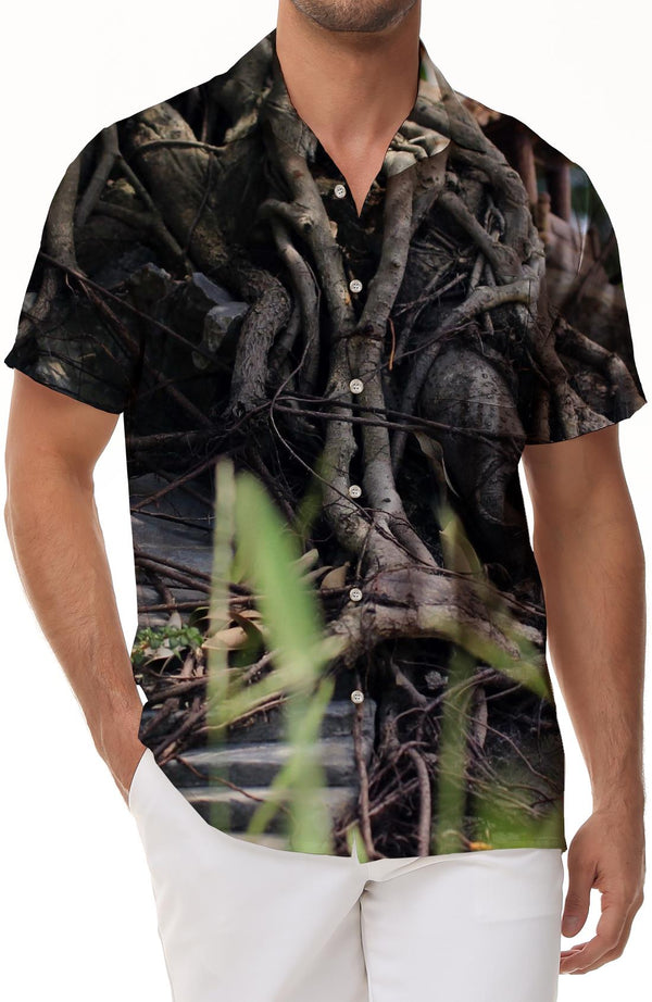 Tree root print pattern Hawaiian button collar pocket 3D digital print fashion retro style casual loose men's short sleeve top
