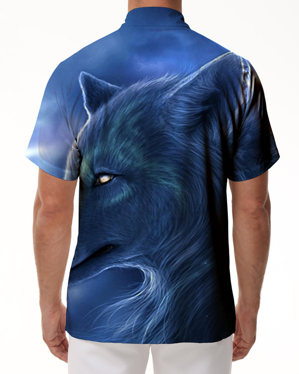
Sharp wolf head eyes 3d printed pattern men's street lapel button down Hawaiian shirt short sleeve beach thin style
                