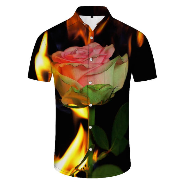 
Rose pink flame men's 3D digital printing street casual fashion summer versatile lapel casual short-sleeved shirt men's
                