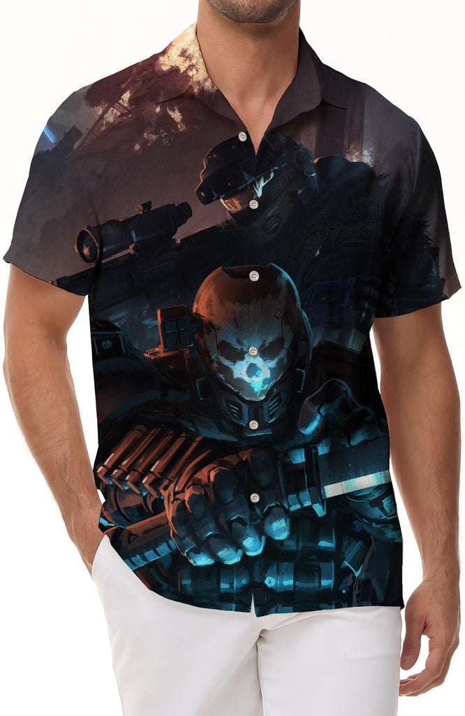 Short Sleeve Casual Fashion Comfort Four Seasons Button Abstract Fighter Shirt Tops Hawaiian Print Men Street