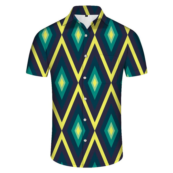 
Men's summer fresh blue yellow green geometric pattern shirt
                