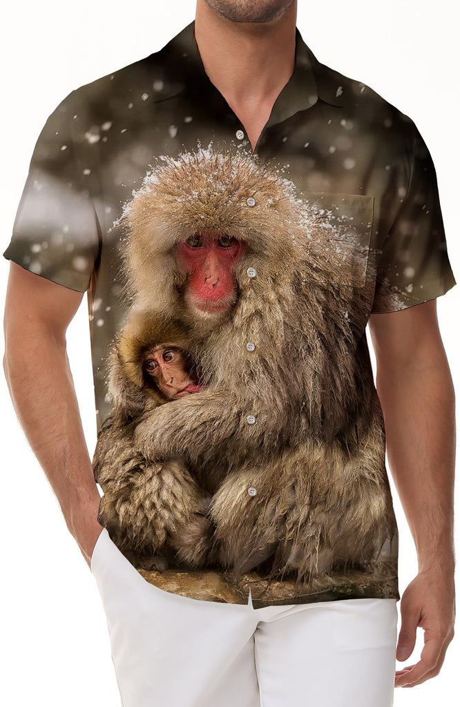 Emeishan Snow Monkey Men's Casual Short Sleeve Shirt Digital Printing Short Sleeve Shirt Hawaiian Button Lapel Pocket Short Sleeve Shirt Top
