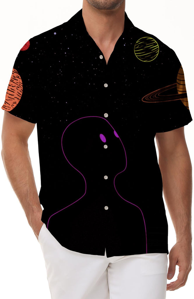 Short Sleeve Black Abstract Cartoon Outer Space Shirt Mens Retro Casual Button Down Hawaiian Button Down Everyday Fishing Party Beach Shirt