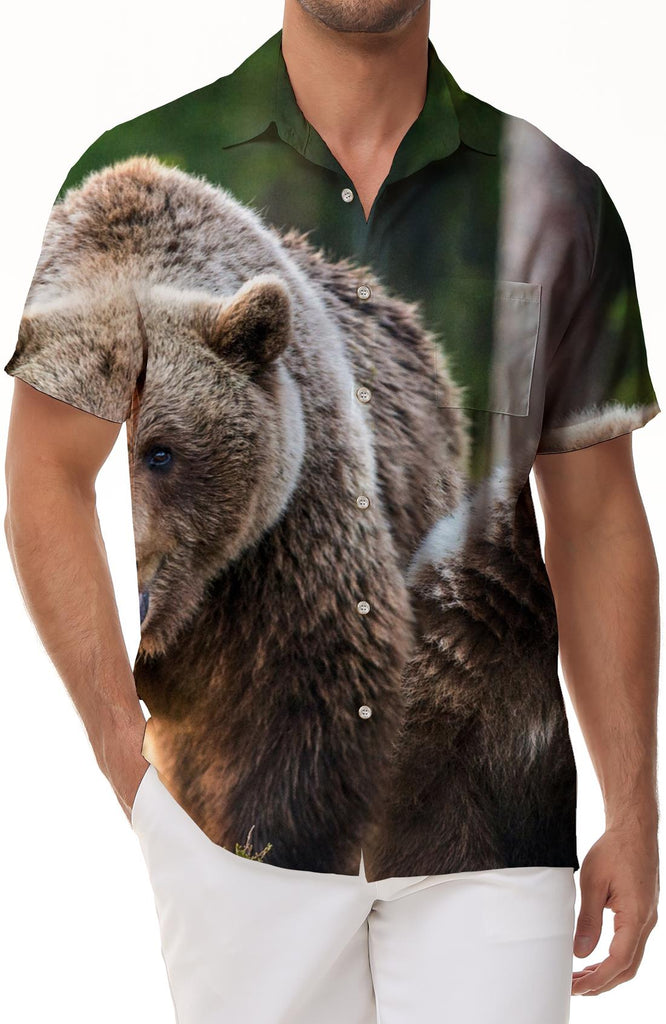 Brown bear in the forest Men's button down shirt Short sleeve breathable shirt with pockets