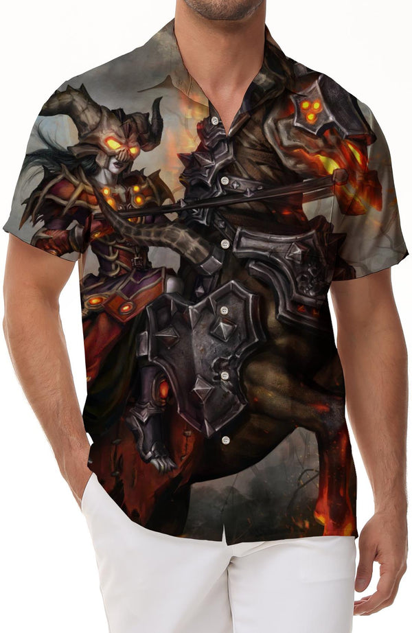 Dinosaur Hell Witch Tropical Four Seasons Short Sleeve Shirt Hawaiian Lapel Pocket Summer Beach Casual Short Sleeve Button Tie