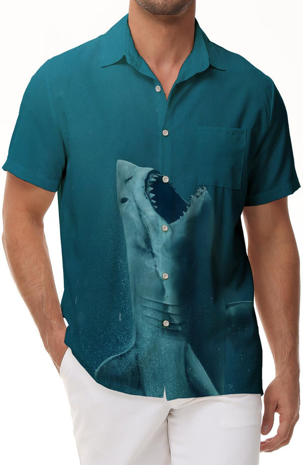 Fierce Fun Art Shark Men's Casual Button Shirt Rainforest Short Sleeve Top Street