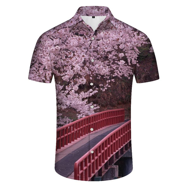 
Spring Red Bridge and Sakura Hawaiian Shirt Men's Short Sleeve Casual Summer Beach Shirt
                