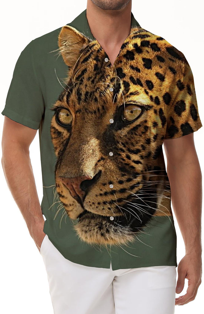 Yellow cheetah cat leopard print men's casual shirt casual short-sleeved Hawaiian tropical four seasons short-sleeved shirt work fishing