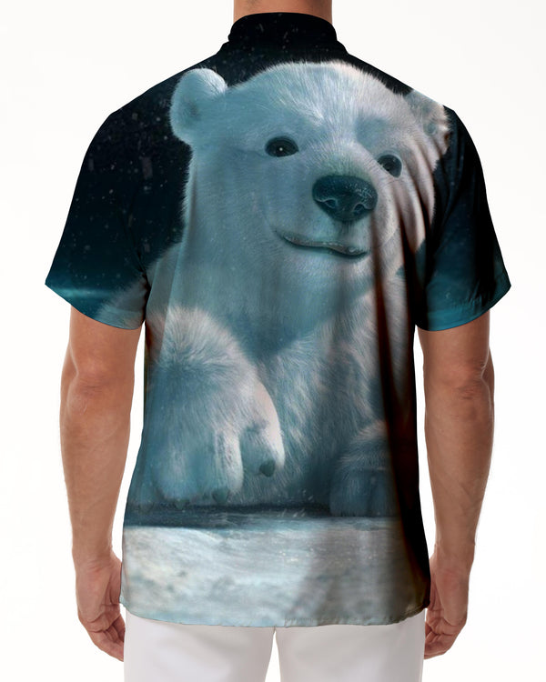 
Cute Northern Lights Polar Bear Men's Casual Button Short Sleeve Shirt Lapel Top with Pockets
                