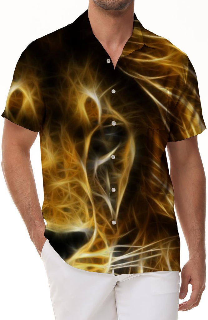 Lion Print Short Sleeve Hawaiian Shirt Gold Candle Flame Super Cool Pattern Stand Collar Shirt Casual Men's Shirt