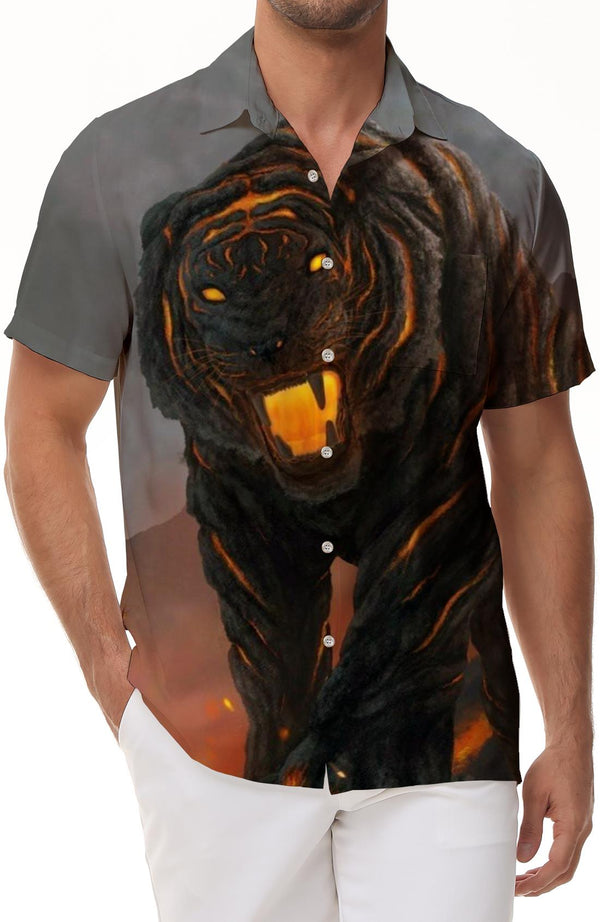 Stone Art Tiger Fun Men Regular Casual Loose Short Sleeve Shirt Hawaiian Button Lapel Pocket Tropical Shirt Short Sleeve Summer